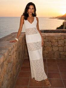 Dancing Leopard White Lace Panel V-Neck Dress, Holiday/Vacation Wear - White - View 1