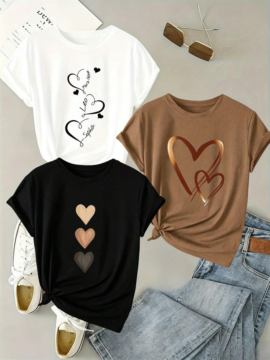 Conjunto de 3 camisetas casuales de mujer con cuello redondo y estampado de corazones para el Día de San Valentín, ideales para primavera y verano, ropa de mujer , Hecho en Mexico. - Black(Patron estampado) Paquete de 1 - Ver 1