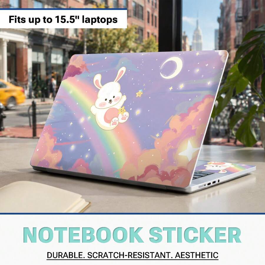 Cute Dreamy Galaxy Rabbit Vinyl Laptop Stickers 3pcs Set, Light Purple Starry Sky Rainbow Cloud Moon Pattern, Includes Laptop Back Cover And 2 Palm Rest Stickers, Fits Most Laptops 15.5 Inch And Below, Waterproof Scratch-Resistant Removable No Residue - View 1