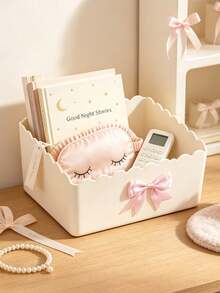 Cream Ribbon Bow Storage Box, Sweet Bow Cosmetic Storage Box, Stationery Organizer, Bedroom Storage Container, Student Desk Stationery Holder, Household Sundries Storage Basket, Office Desk Decor, Accessories Storage Box - Multicolor - View 1