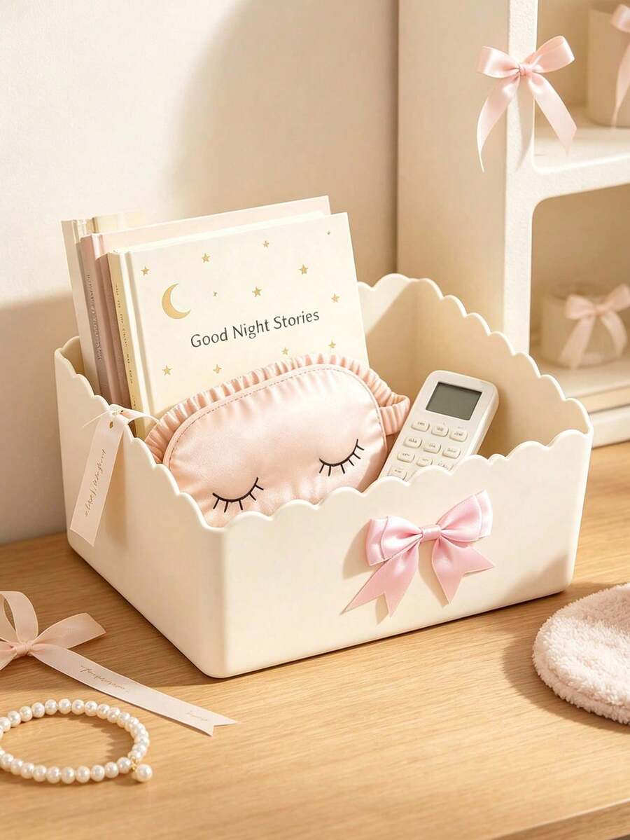 Cream Ribbon Bow Storage Box, Sweet Bow Cosmetic Storage Box, Stationery Organizer, Bedroom Storage Container, Student Desk Stationery Holder, Household Sundries Storage Basket, Office Desk Decor, Accessories Storage Box - Multicolor - View 1