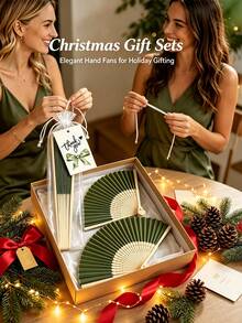2/3/15/30pcs Elegant Green Wedding Folding Fan Set, Includes Tags And Gift Bags, Bride Bamboo Handheld Folding Fan, Suitable As Bridesmaid Gift And Wedding Decoration, Also Applicable For Party Events, Perfect Summer Accessory - Multicolor - View 5