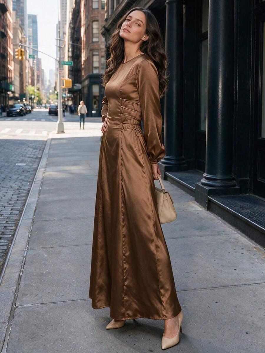 Gaun Panjang Wanita Elegan dengan Kerah Bulat, Korset Samping, Bahan Satin Model A-Line, Cocok untuk Kencan di Musim Gugur dan Musim Dingin. - Coklat - View 1
