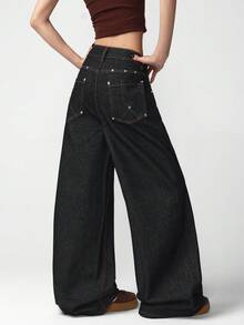 1pc Women's Retro American Street Style Distressed Blue Rivet Patchwork Back Pocket Loose Comfortable Wide Leg Jeans, Fashionable Versatile Denim Pants For All Seasons (Belt/Accessories Not Included) - Black - View 5