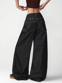 1pc Women's Retro American Street Style Distressed Blue Rivet Patchwork Back Pocket Loose Comfortable Wide Leg Jeans, Fashionable Versatile Denim Pants For All Seasons (Belt/Accessories Not Included) - Black - View 3