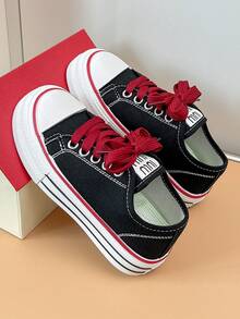 Girls Low-Top Canvas Shoes, Thick Sole Durable Skate Shoes, Versatile Breathable Student Casual Sneakers - Black - View 6