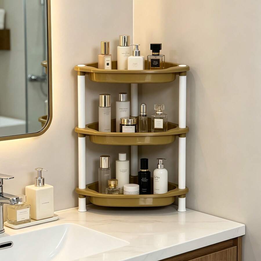 1 pieza Estantería triangular de 3 niveles, organizador pequeño de sobremesa/suelo, estantería de almacenamiento para escritorio de oficina, estantería de almacenamiento para esquina de cocina y baño, diseño de drenaje de plástico, resistente a la suciedad y fácil de limpiar, instalación y desmontaje sencillos sin herramientas, organizador de encimera ahorrador de espacio, adecuado para almacenamiento de cosméticos, adecuado para almacenamiento de Halloween y Navidad