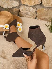 1 Pair Women's Coffee Brown Pointed Toe Knitted Fabric High Heel Pumps, Daily Fashion Shoes - Coffee Brown - View 6