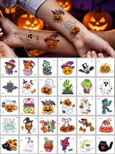 30pcs Halloween Temporary Tattoo Stickers, Including Scary Pumpkin, Skull, Ghost, Spider Web Patterns, Suitable For Party Favors And Body Decoration, Fake Hand Tattoo, Cartoon Body Stickers For Halloween Party