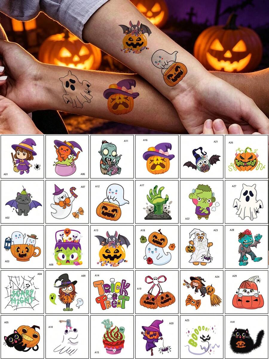 30pcs Halloween Temporary Tattoo Stickers, Including Scary Pumpkin, Skull, Ghost, Spider Web Patterns, Suitable For Party Favors And Body Decoration, Fake Hand Tattoo, Cartoon Body Stickers For Halloween Party - Multicolor - View 1