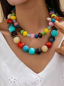 OABE Set Pakaian Musim Gugur 2pcs/Set Gaya Bohemian Kalung Berlapis Manik-Manik Warna-warni Termasuk Manik-Manik Bulat dan Manik-Manik Asimetris, Buatan Tangan, Cocok untuk Pemakaian Sehari-hari Wanita, Bentuk dan Warna Manik-Manik Acak - Cantik Sekali - View 2