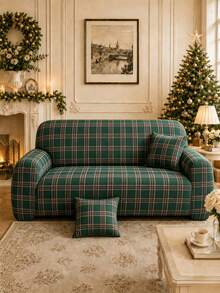Christmas 1pc Printed Classic Christmas Green Plaid + 1pc Matching Pillowcase Full Sofa Cover, Holiday Home Decor, Multiple Sizes Available, Modern Minimalist Elastic Breathable Polyester Full Sofa Cover, All-Season Suitable For Living Room Home Use - Multicolor - View 2