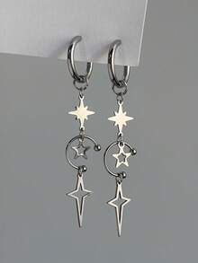 1 Pair Stainless Steel Punk Silver Star Hoop Earrings, Fashionable Accessories Suitable For Women's Daily Wear - Silver - View 6