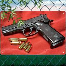 Replica Metal Sign With Nameplate And Bullet - Authentic Style Metal Pistol Model, Waterproof And Fade-Resistant, Perfect For Home, Bar Or Game Room Decor | Realistic Black Pistol With Detailed Grip And Sight, Ideal For Military Enthusiasts, Great As A Gift For Military Lovers - B - View 1
