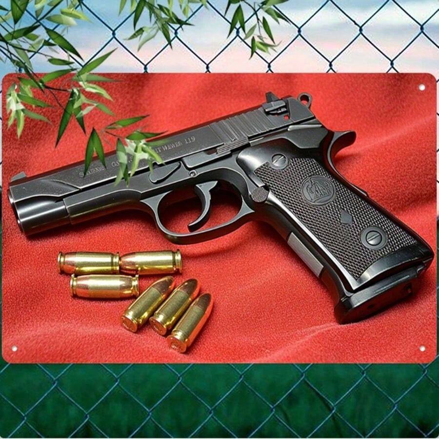 Replica Metal Sign With Nameplate And Bullet - Authentic Style Metal Pistol Model, Waterproof And Fade-Resistant, Perfect For Home, Bar Or Game Room Decor | Realistic Black Pistol With Detailed Grip And Sight, Ideal For Military Enthusiasts, Great As A Gift For Military Lovers - B - View 1