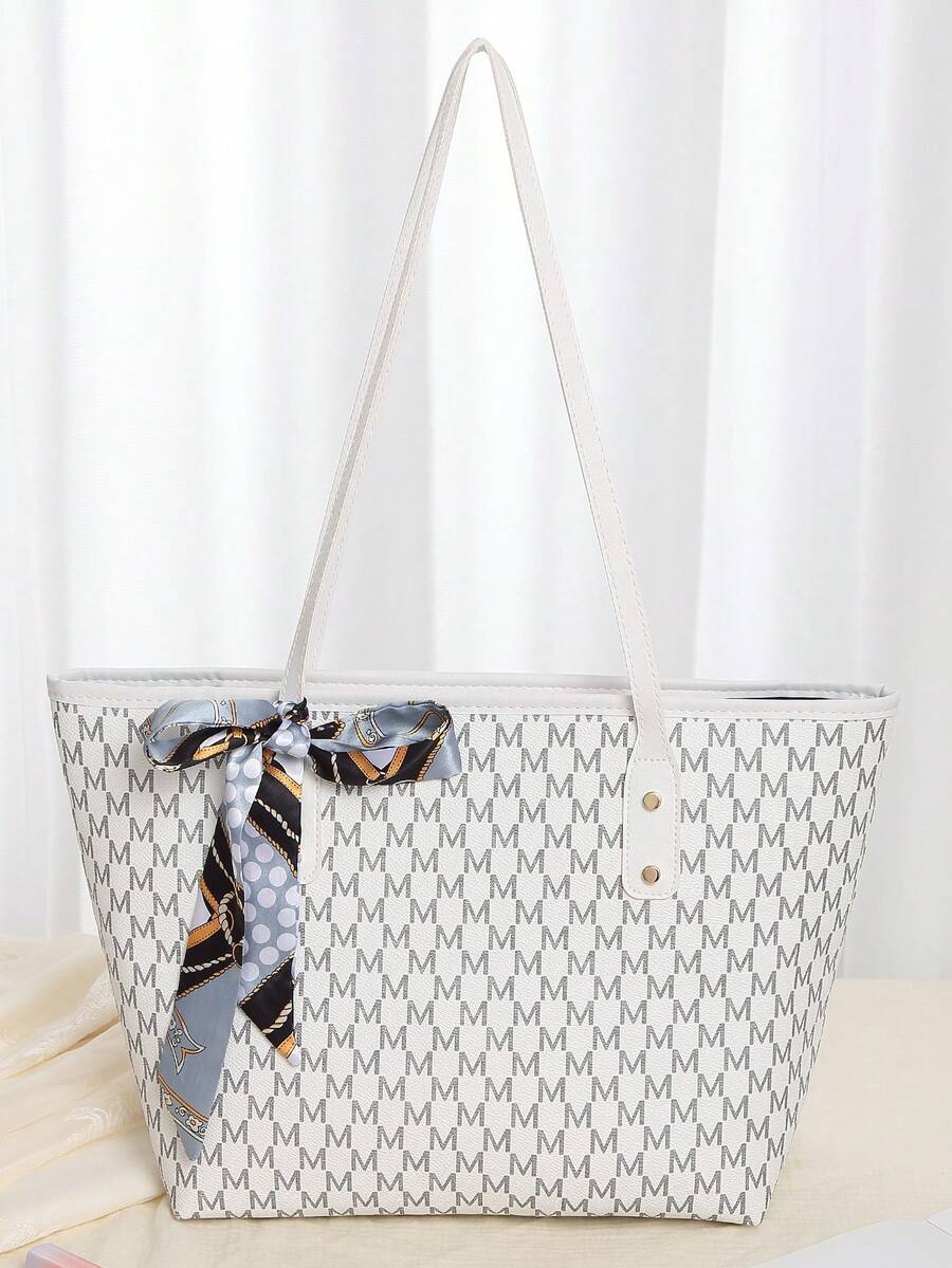 Tas Tote Wanita Motif Huruf Retro Modis, Tas Bahu Kapasitas Besar dengan Penutup Resleting, Dekorasi Pita Syal, Cocok untuk Kerja, Belanja, dan Penggunaan Sehari-hari - Putih - View 1