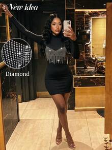 NEW IDEA Women's Sexy Edgy Black Fall Winter Short Dress, Mock Neck Long Sleeve Rhinestone Fringe Bodycon Dress For Night Out, Club, Cocktail & Party - Black - View 1