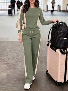 Women's Casual 2 Pieces Sportswear Set, Round Neck Long Sleeve Top With Wide Leg Pants, Spring Autumn Winter Daily Wear, Youthful Style - Green - View 1