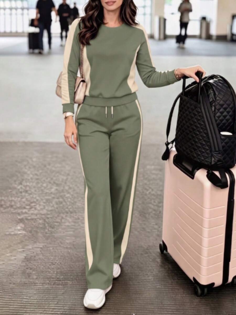 Women's Casual 2 Pieces Sportswear Set, Round Neck Long Sleeve Top With Wide Leg Pants, Spring Autumn Winter Daily Wear, Youthful Style - Green - View 1