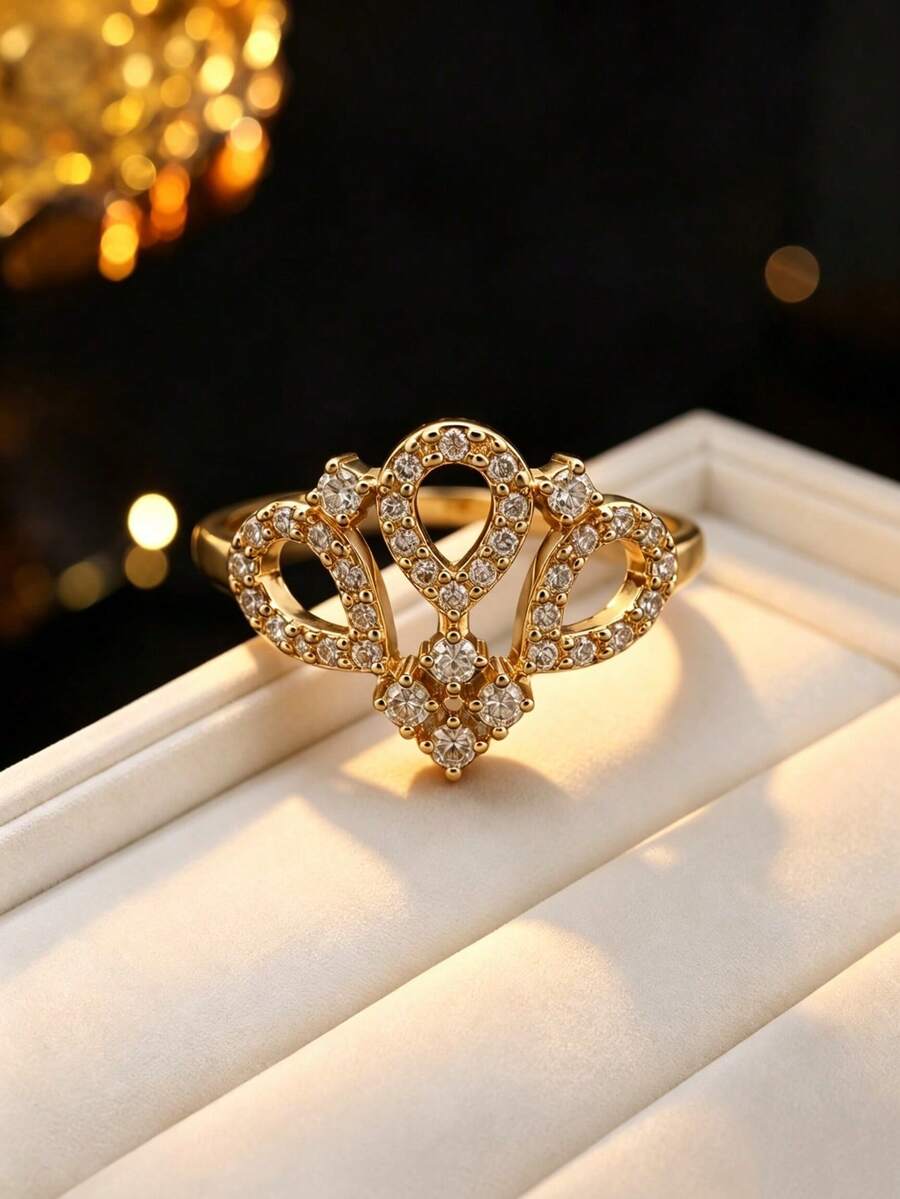 1pc Women's Royal Crown Style Cubic Zirconia Inlaid Ring, Luxury Hollow Design, Party Gathering Atmosphere Accessory, Stackable Finger Ring - Ring - View 1