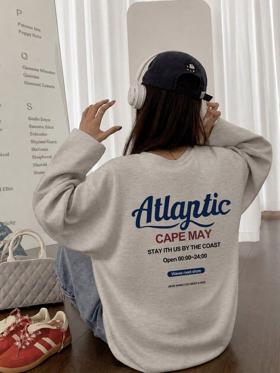 Kaos Lengan Panjang Wanita Model Longgar Minimalis Serbaguna dengan Motif Huruf untuk Musim Semi/Gugur - Abu-abu muda - View 1