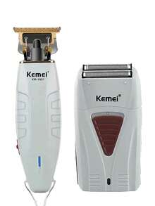 Kemei 2件組專業理髮剪刀套組，USB充電式無線理髮器，電動理髮剪，男士刮鬍刀，鬍鬚修剪套組，日常使用，男士禮物，KM-1931，KM-3382 - 淺灰色(禮盒裝) - 查看 1