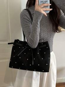 Solid Color Faux Suede Polka Dot Large Capacity Vintage Tote Bag Women's Bag 2026 Bowknot New Style Commuter Versatile Shoulder Handbag - Black - View 5