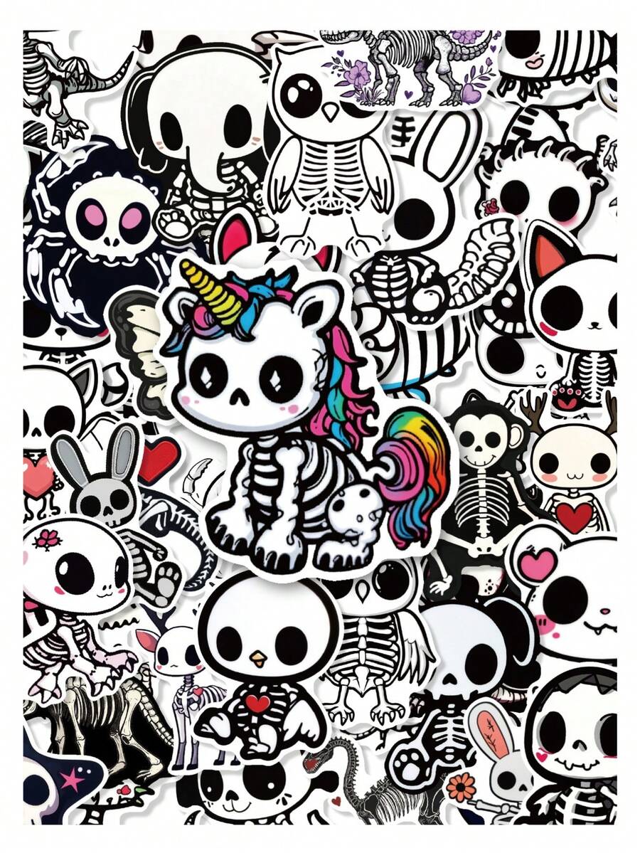 50Pcs Cute Animal Skeleton Decorative Stickers, Unicorn Cat Rabbit Skull Waterproof Stickers For Laptop, Water Bottle, Journal, Scrapbook - Multicolor - View 1