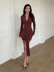 Women's Autumn Solid Color Collared Long Sleeve Front Knot Fitted Mini Dress - Burgundy - View 5