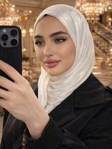 Spring/Summer New Satin Textured Modest Hijab Dark Patterned Satin Scarf Solid Color Pleated Rectangular Muslim Headscarf - White - View 1