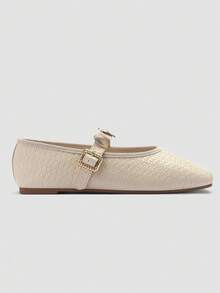 ADAMUMU New Embossed Mary Jane Flats, Geometric Metal Buckle Adjustable Strap, French Style Soft Sole Comfortable Versatile - Chantilly - View 4