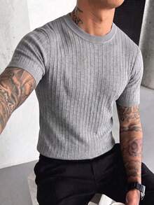 Men's Classic Round Neck Textured Short Sleeve Sweater, Suitable For Summer Outings, Essential Fashion Knit Top - Grey - View 4