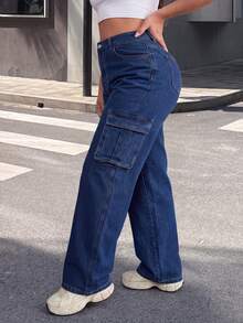 Washed Denim Plus Size Cargo Pants Featuring Practical Pockets And Button Closure With Medium Stretch For Everyday Fashion And Comfort - Blue - View 7