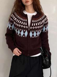 Women's Autumn/Winter Casual Vintage Pattern Round Neck Knit Cardigan Sweater Jacket - Brown - View 5