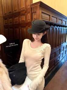 Autumn/Winter New Elegant Minimalist Fashion Handmade Lace Trim Patchwork Round Neck Slim Fit Long Sleeve Base Layer T-Shirt - Apricot - View 2