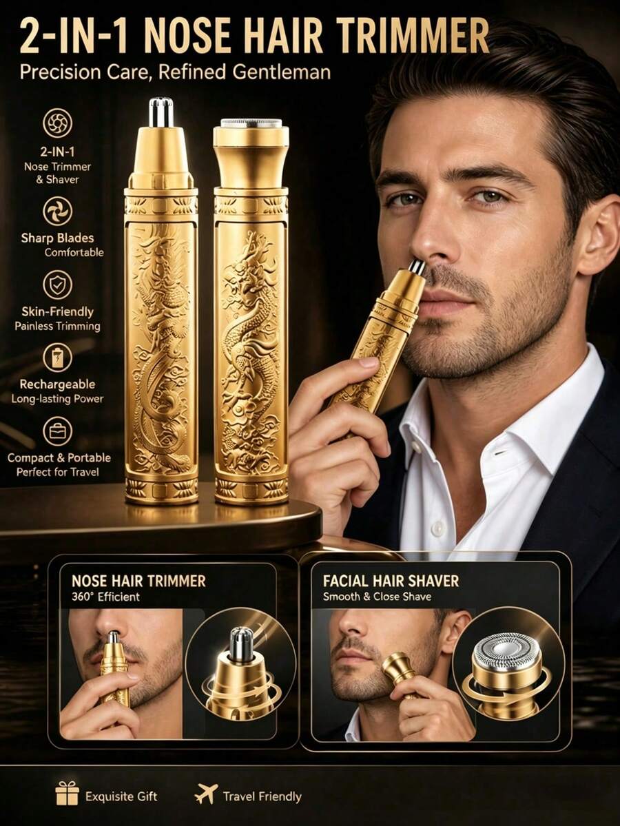 AXH. 2-In-1 Electric Nose And Ear Hair Trimmer, Stainless Steel Dual-Wing Blade, Portable Battery-Powered Hair Remover - Gold - View 1
