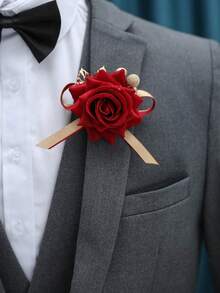 1pc/2pcs Burgundy Velvet Rose With Gold Pearl And Leaf, Premium Brooch And Wrist Corsage - Burgundy - View 7