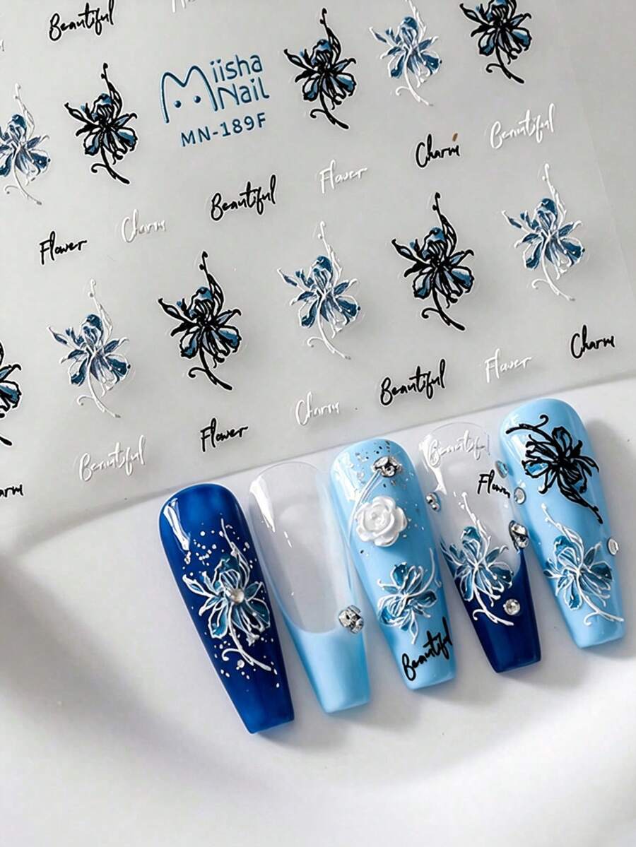 1PC Embossed Thin Transparent Nail Art Sticker, Flower Nail Decal For DIY Nail Decoration, 3D Nail Embellishment Accessory, For Daily Wear And DIY Nail Art - Blue - View 1