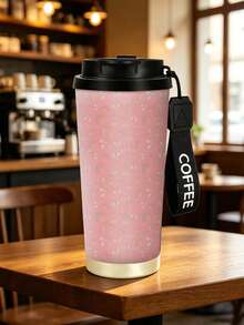 1pc/5pcs 500ml Pink Strawberry Floral Travel Mug, Double-Wall Stainless Steel Insulated Cup, Sweet Seamless Small Strawberry Print Design, Portable Coffee Cup With COFFEE Printed Lanyard, Suitable For Daily Commute - Pink-strawberry - View 11