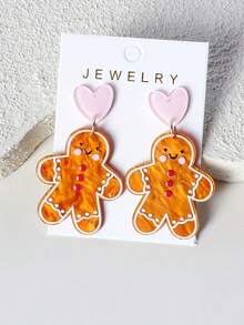 Anting Gantung Akrilik Bentuk Manusia Kue Jahe Natal dengan Motif Riak Air dan Hati Cokelat, Hadiah Elegan, Imut, Minimalis, dan Serbaguna - Coklat - View 1