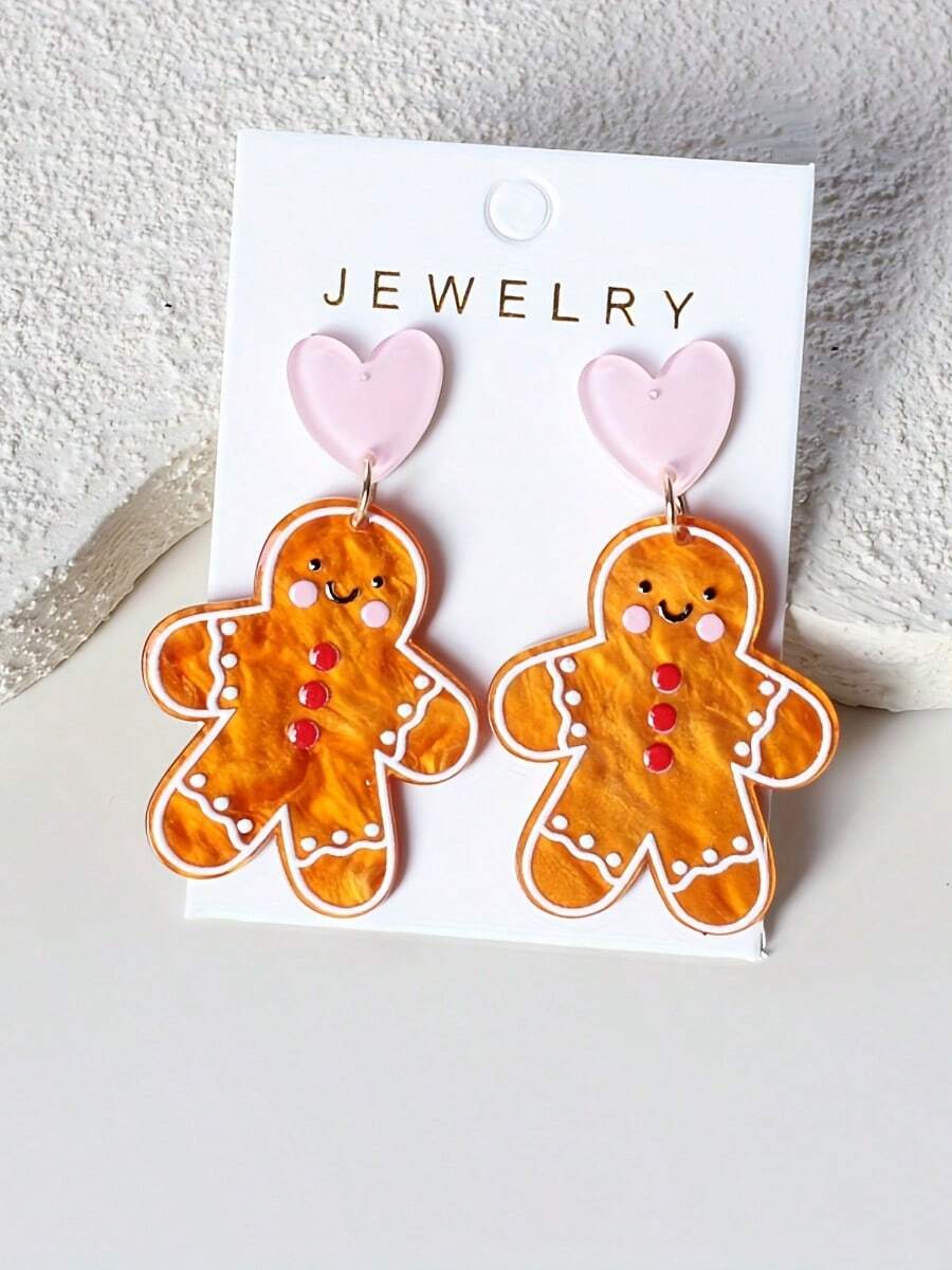 Anting Gantung Akrilik Bentuk Manusia Kue Jahe Natal dengan Motif Riak Air dan Hati Cokelat, Hadiah Elegan, Imut, Minimalis, dan Serbaguna - Coklat - View 1