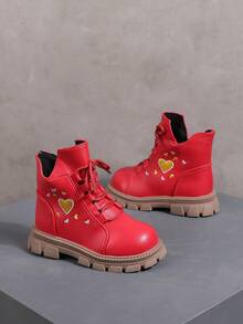 Girls Heart Embroidery Ankle Booties, Lace‑Up Side Zip Short Boots, Thick Non‑Slip Sole Kids Fashion Daily Footwear - Red - View 5