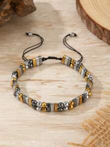 1pc Men's Tiger Eye & Black Onyx Beaded Woven Bracelet, Adjustable, Suitable For Daily Wear, Outings, Matching Accessories, Gift - Multicolor - View 5