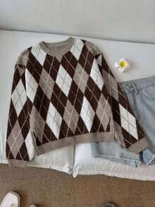 1pc Autumn/Winter Vintage Style Argyle Round Neck Sweater, Soft & Comfortable, Casual Slouchy Contrast Color Knit Pullover - Multicolor - View 6