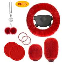 8PCS Winter Plush Car Steering Wheel Cover, Comfortable & Warm, Bling Bling Style Plush Pendant, Gear Shift Cover Protective Sleeve, Cup Holder Mat Combination, Multiple Colors Available - Multicolor - View 6