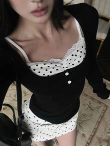 Women's Polka Dot Patchwork Long Sleeve T-Shirt, Slim Fit Top For Early Autumn - Black - View 2