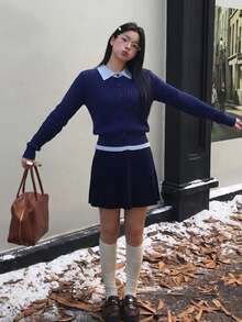 College Style Contrast Color Polo Collar Cable Knit Single-Breasted Embroidered Cardigan Top - Navy Blue - View 10
