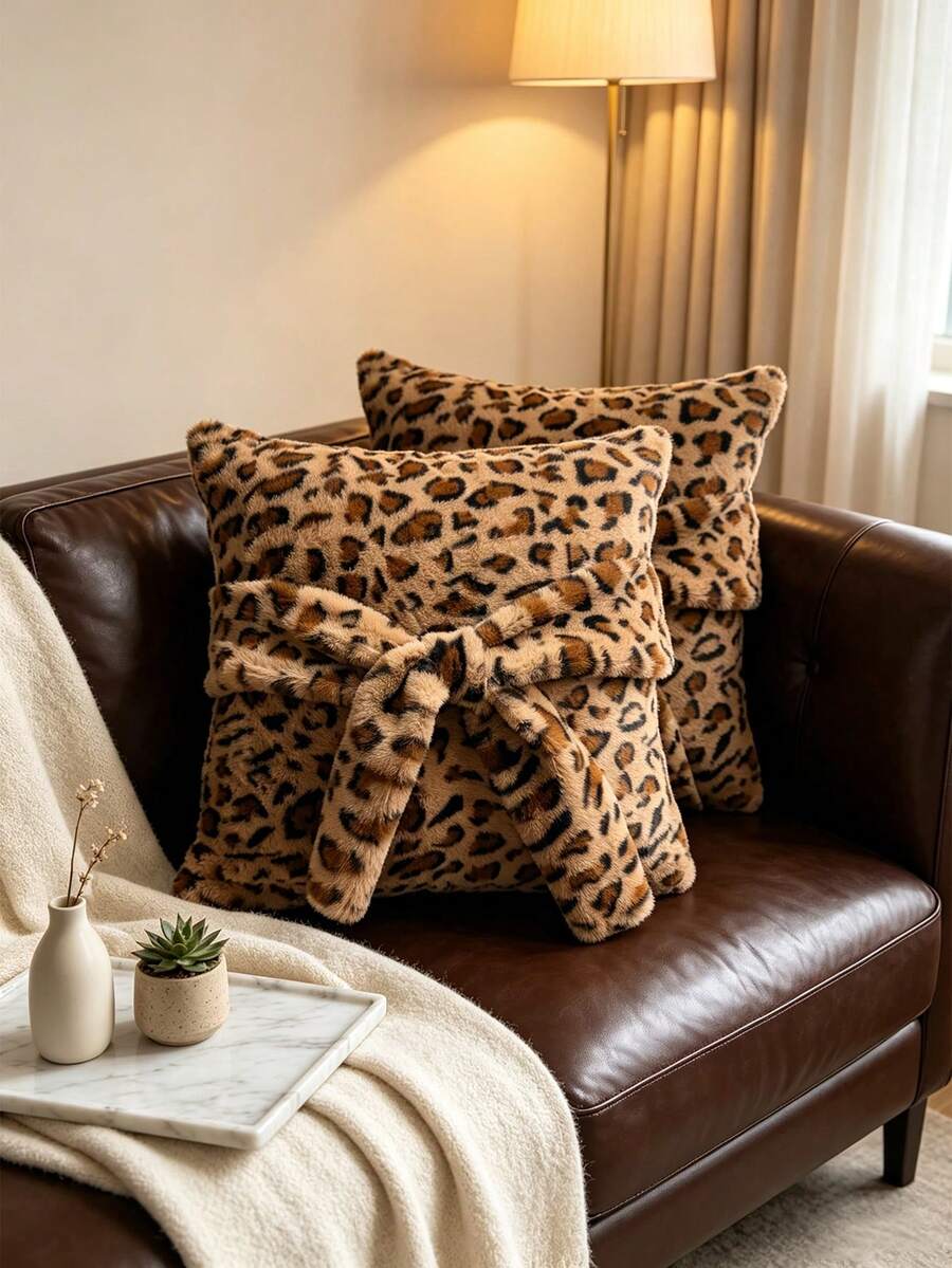 1pc/2pcs Vintage Faux Fur Leopard Print Pillow Case, Double-Sided Pattern Fluffy Plush Decorative Square Pillow Cover, Sofa Decorative Cushion Cover, Suitable For Bed, Living Room, Bedroom Decoration, Pillow Insert Not Included - Multicolor - View 1