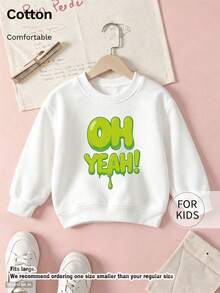 Tween Girl Crew Neck Sweatshirt, Oh Yeah Dripping Green Bubble Letter Graphic Print Soft Cotton Pullover For Tween Girl - White - View 9
