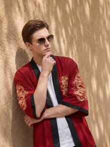 Men's Kimono Cardigan Print Casual Shirt, Red Dragon Pattern, Versatile Single Layer, Machine Washable - Red - View 5
